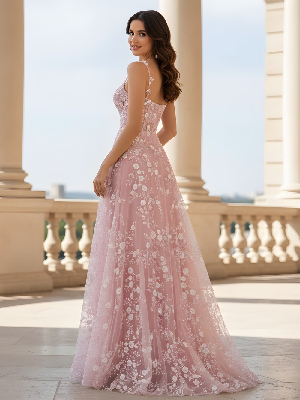 A-Line Tulle Gown With Delicate Floral Embroidery Blushing Pink BABARONI GIJS—M